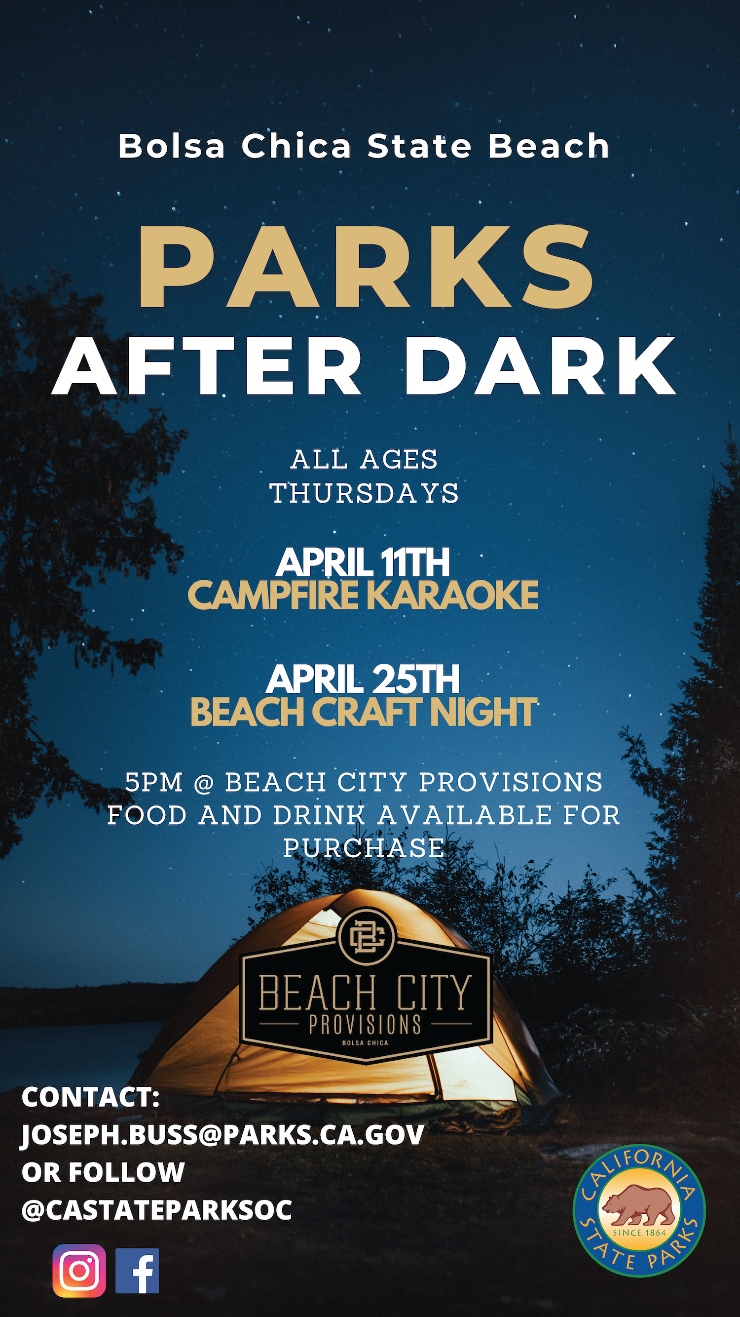 Flier features a illuminated camping tent under tall trees and a dark, star-lit sky. The flier reads